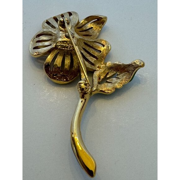 Nolan Miller Flower Brooch Pin Rhinestones Enamel Petals Gold-Tone 2.5 inches - Picture 6 of 7